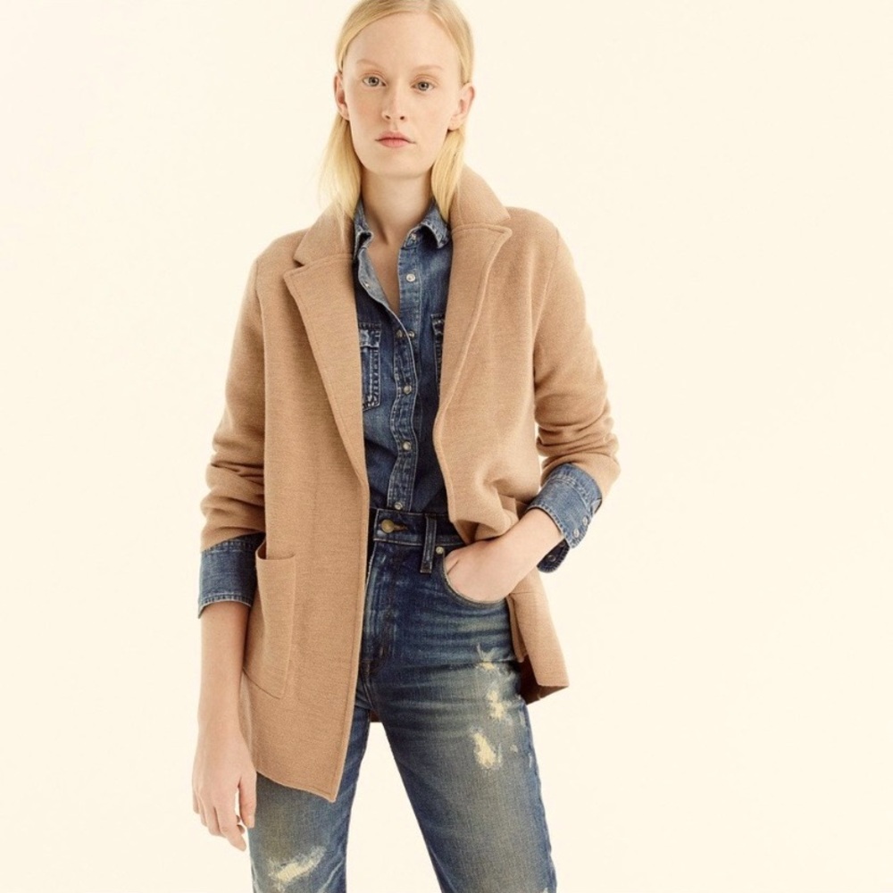 J CREW SOPHIE OPEN FRONT CARDIGAN BLAZER WOOL BLEND IN CAMEL. Sz S